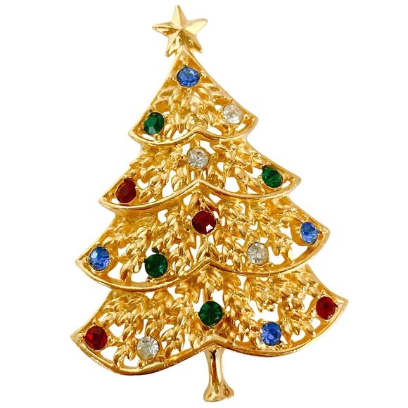 Christmas Tree Brooch Gold Tone Multi Color Rhinestone Festive Holiday Jewelry - Picture 1 of 9